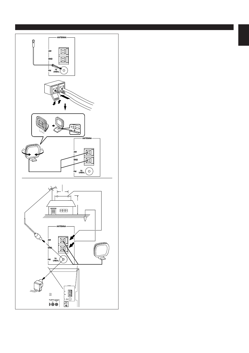 Antenna connection, E-11 english, Connections | 1) supplied fm antenna, 2) supplied am (mw/lw) loop antenna, 3) external fm antenna, 4) external am (mw/lw) antenna | Yamaha EMX100RDS User Manual | Page 19 / 53