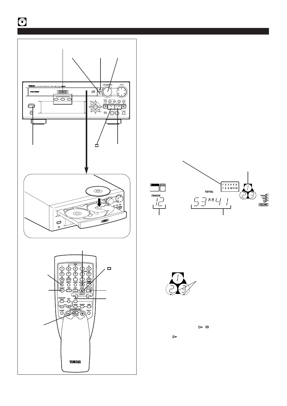 Compact disc player operation, Cd playback, E-16 | For easier operation, Standby/on, Press the open/close button to open the disc table, Press the play/pause, Total number of tracks total playing time | Yamaha EMX100RDS User Manual | Page 24 / 53