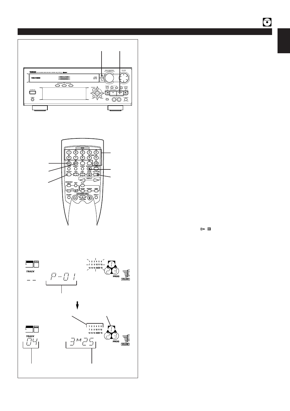 Program play, E-19 english, Compact disc player operation | Time, Load discs and close the disc table | Yamaha EMX100RDS User Manual | Page 27 / 53