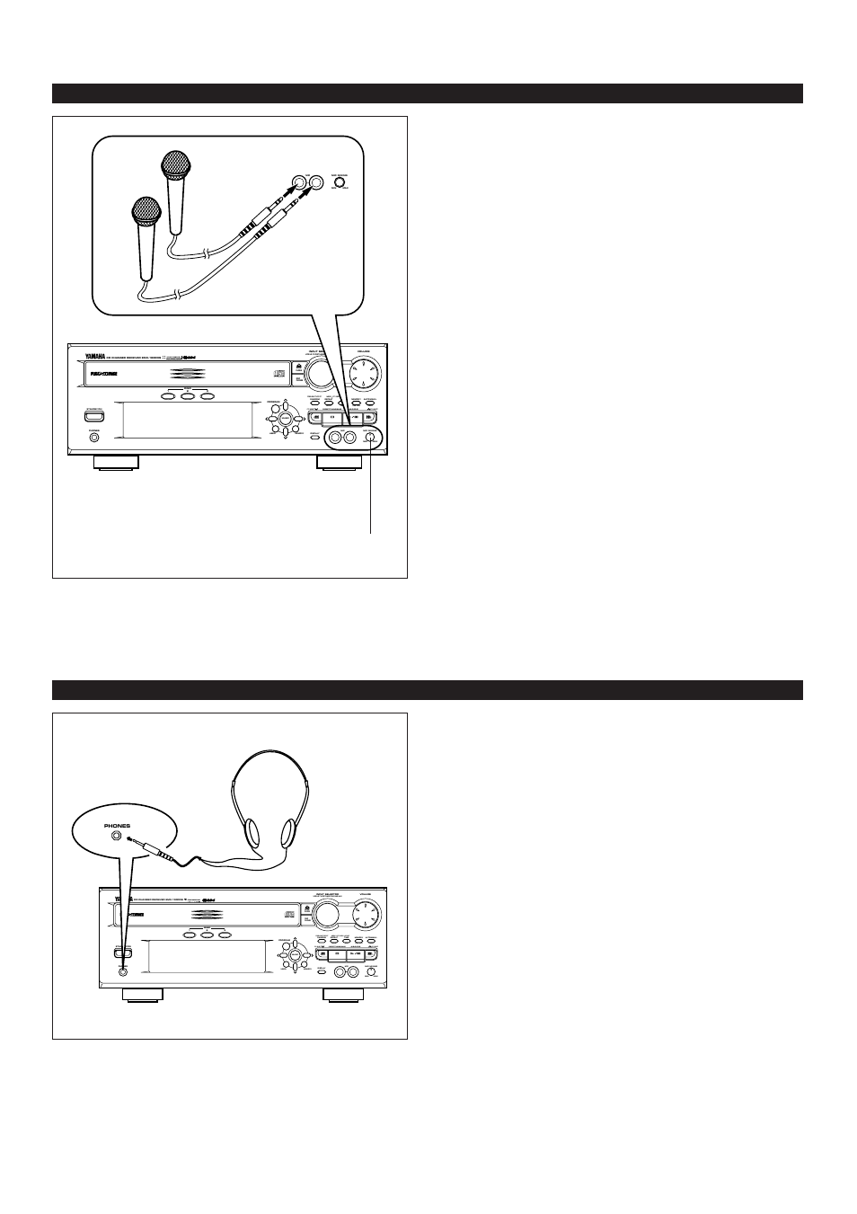 Singing karaoke by using microphones, Listening with headphones, E-38 | Mode pty seek start, Freq ps/pty/rt/ct pty select pty select, Vcr/ld-tv/cd/tuner/tape•md/aux | Yamaha EMX100RDS User Manual | Page 46 / 53