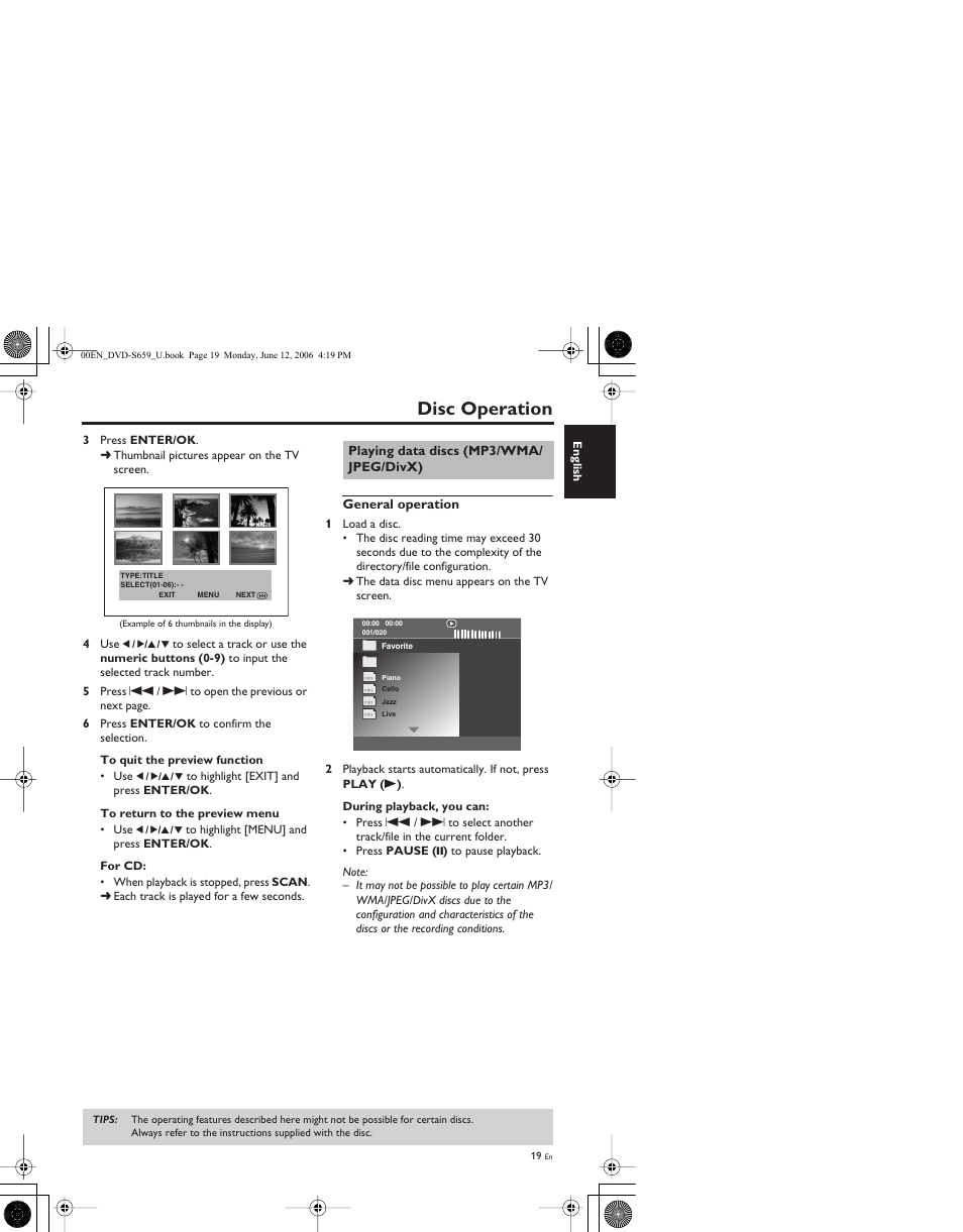 Playing data discs (mp3/wma/jpeg/divx), General operation, Disc operation | Playing data discs (mp3/wma/ jpeg/divx) | Yamaha DVD-S659BL User Manual | Page 23 / 47