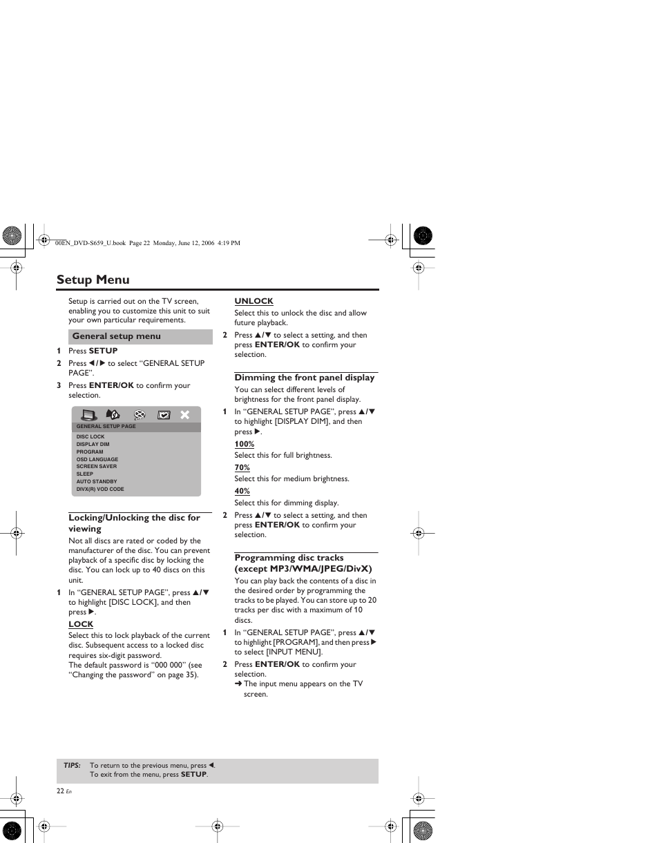 Setup menu, General setup menu, Locking/unlocking the disc for viewing | Dimming the front panel display, Programming disc tracks (except mp3/wma/jpeg/divx) | Yamaha DVD-S659BL User Manual | Page 26 / 47