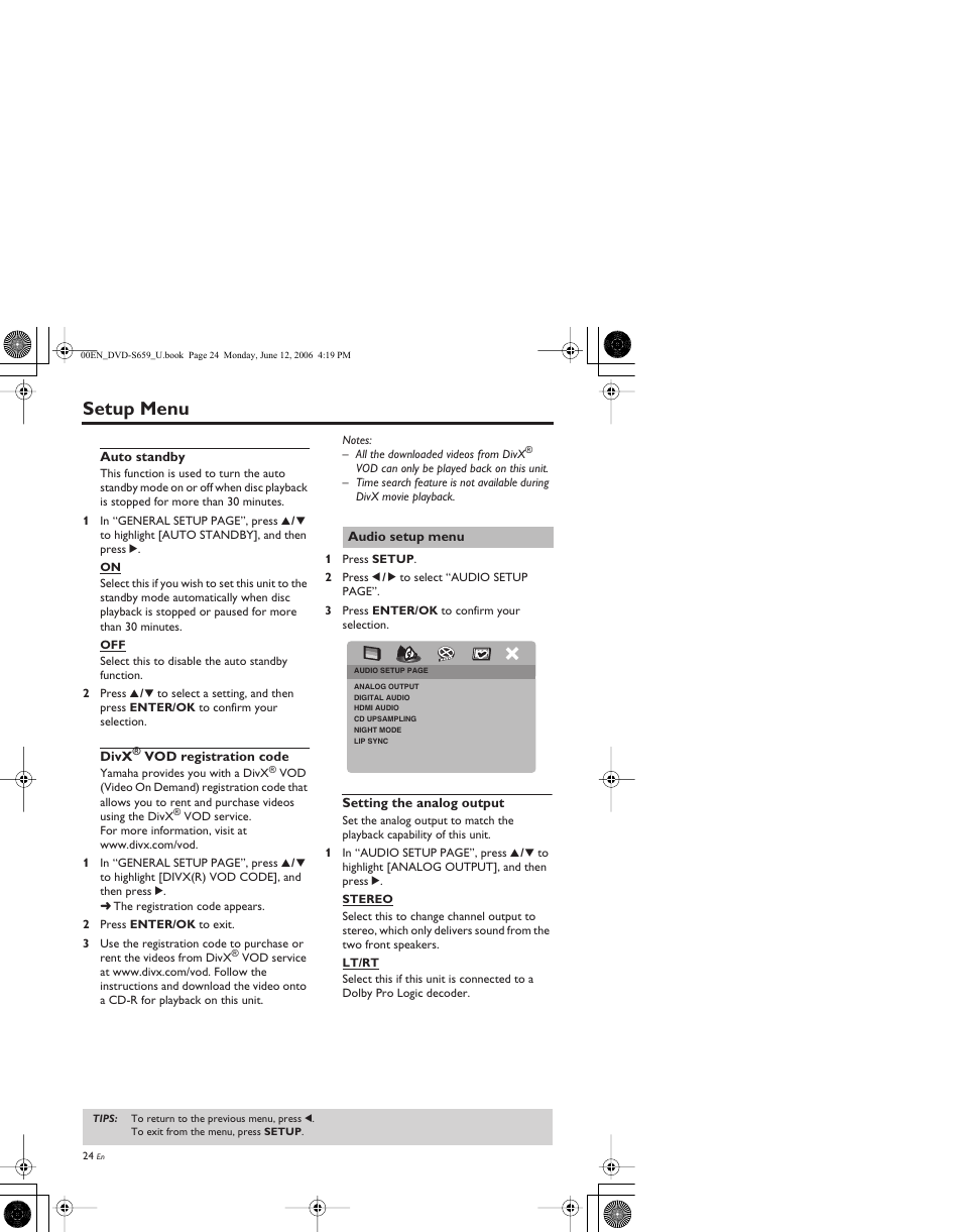 Auto standby, Divx® vod registration code, Audio setup menu | Setting the analog output, Setup menu | Yamaha DVD-S659BL User Manual | Page 28 / 47