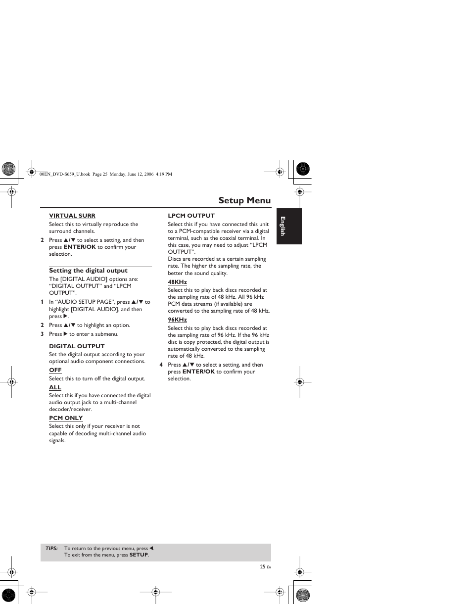 Setting the digital output, Setup menu | Yamaha DVD-S659BL User Manual | Page 29 / 47