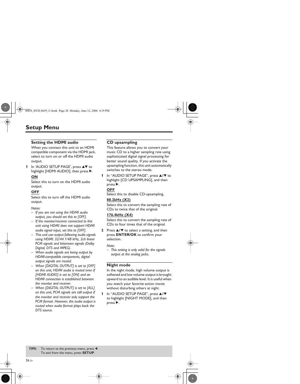 Setting the hdmi audio, Cd upsampling, Night mode | Setup menu | Yamaha DVD-S659BL User Manual | Page 30 / 47