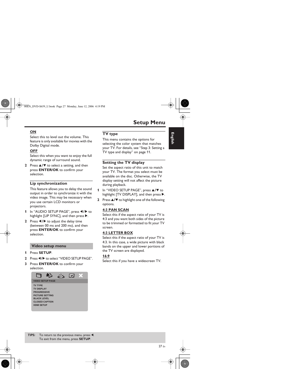 Lip synchronization, Video setup menu, Tv type | Setting the tv display, Setup menu | Yamaha DVD-S659BL User Manual | Page 31 / 47