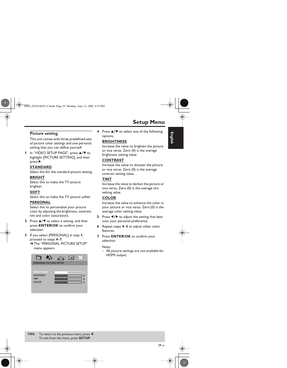 Picture setting, Setup menu | Yamaha DVD-S659BL User Manual | Page 33 / 47