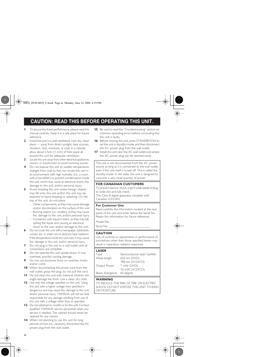 English, Caution: read this before operating this unit | Yamaha DVD-S659BL User Manual | Page 4 / 47