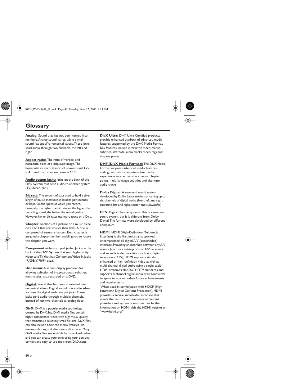 Glossary | Yamaha DVD-S659BL User Manual | Page 44 / 47