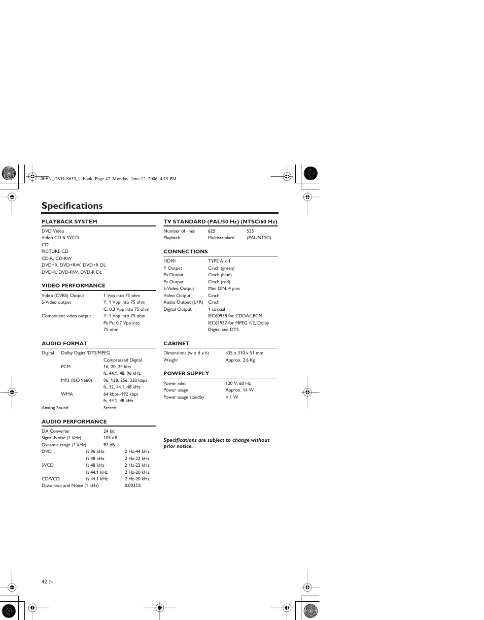 Specifications | Yamaha DVD-S659BL User Manual | Page 46 / 47