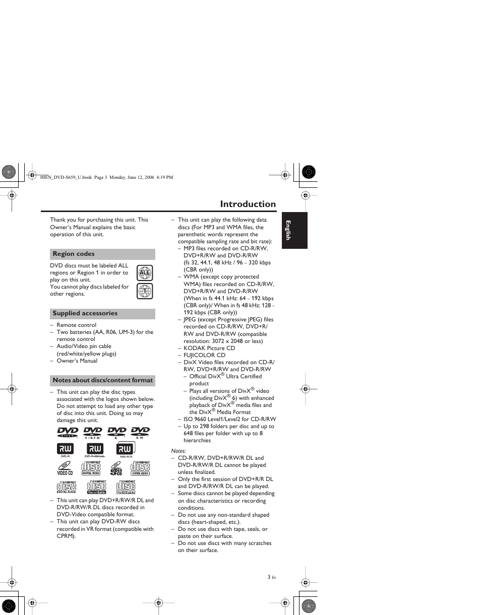 Introduction, Region codes, Supplied accessories | Notes about discs/content format | Yamaha DVD-S659BL User Manual | Page 7 / 47