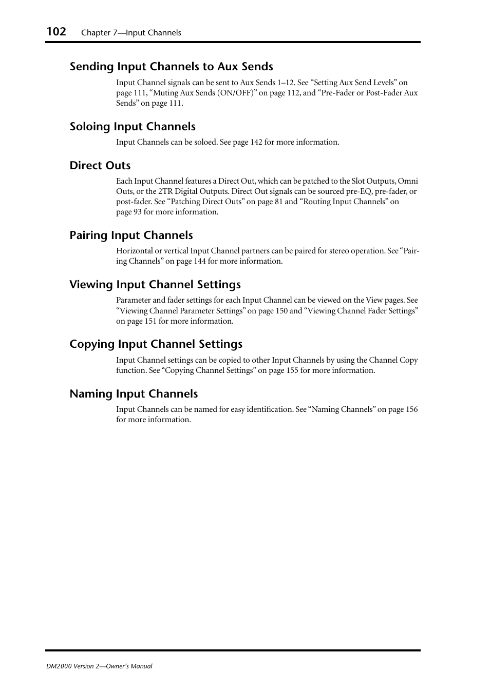 Sending input channels to aux sends, Soloing input channels, Direct outs | Pairing input channels, Viewing input channel settings, Copying input channel settings, Naming input channels | Yamaha DM2000 User Manual | Page 102 / 402