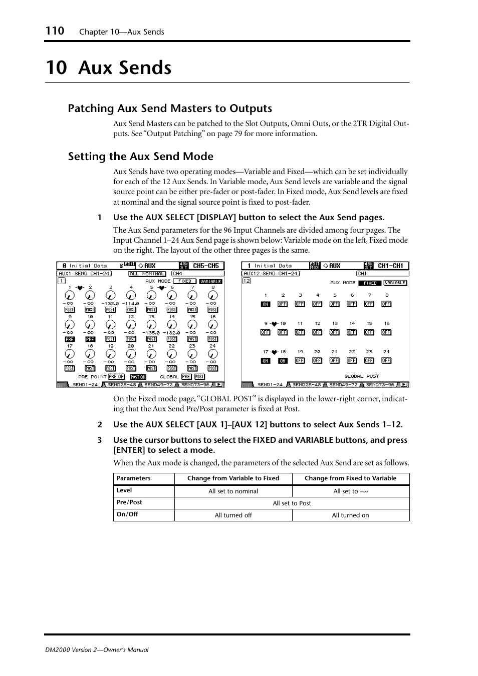 10 aux sends, Patching aux send masters to outputs, Setting the aux send mode | Yamaha DM2000 User Manual | Page 110 / 402
