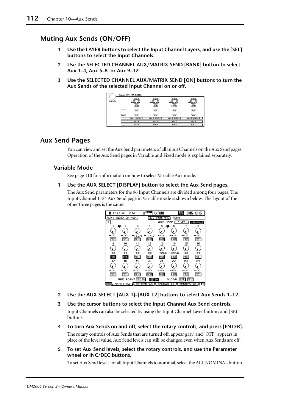 Muting aux sends (on/off), Aux send pages, Variable mode | Chapter 10—aux sends | Yamaha DM2000 User Manual | Page 112 / 402