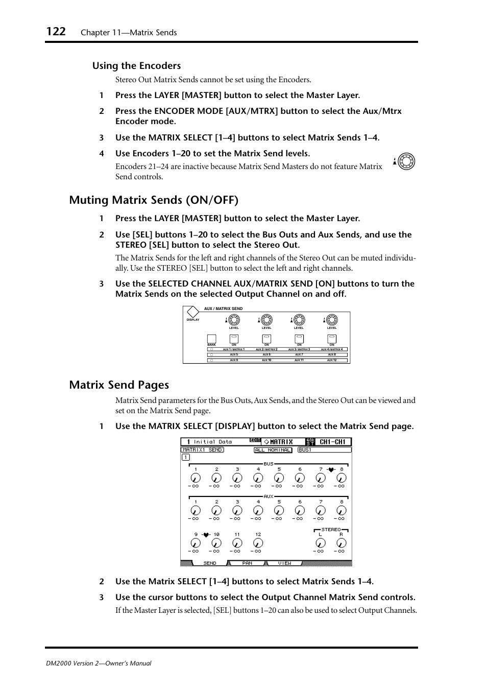 Muting matrix sends (on/off), Matrix send pages, Using the encoders | Chapter 11—matrix sends | Yamaha DM2000 User Manual | Page 122 / 402
