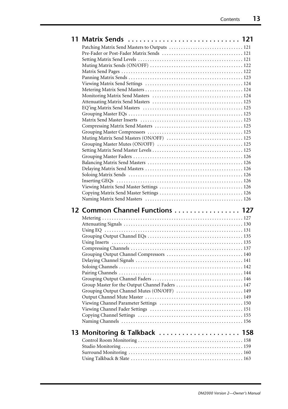 11 matrix sends, 12 common channel functions, 13 monitoring & talkback | Yamaha DM2000 User Manual | Page 13 / 402