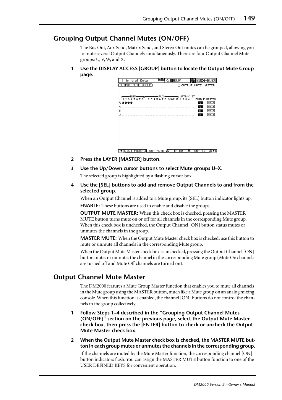 Grouping output channel mutes (on/off), Output channel mute master | Yamaha DM2000 User Manual | Page 149 / 402