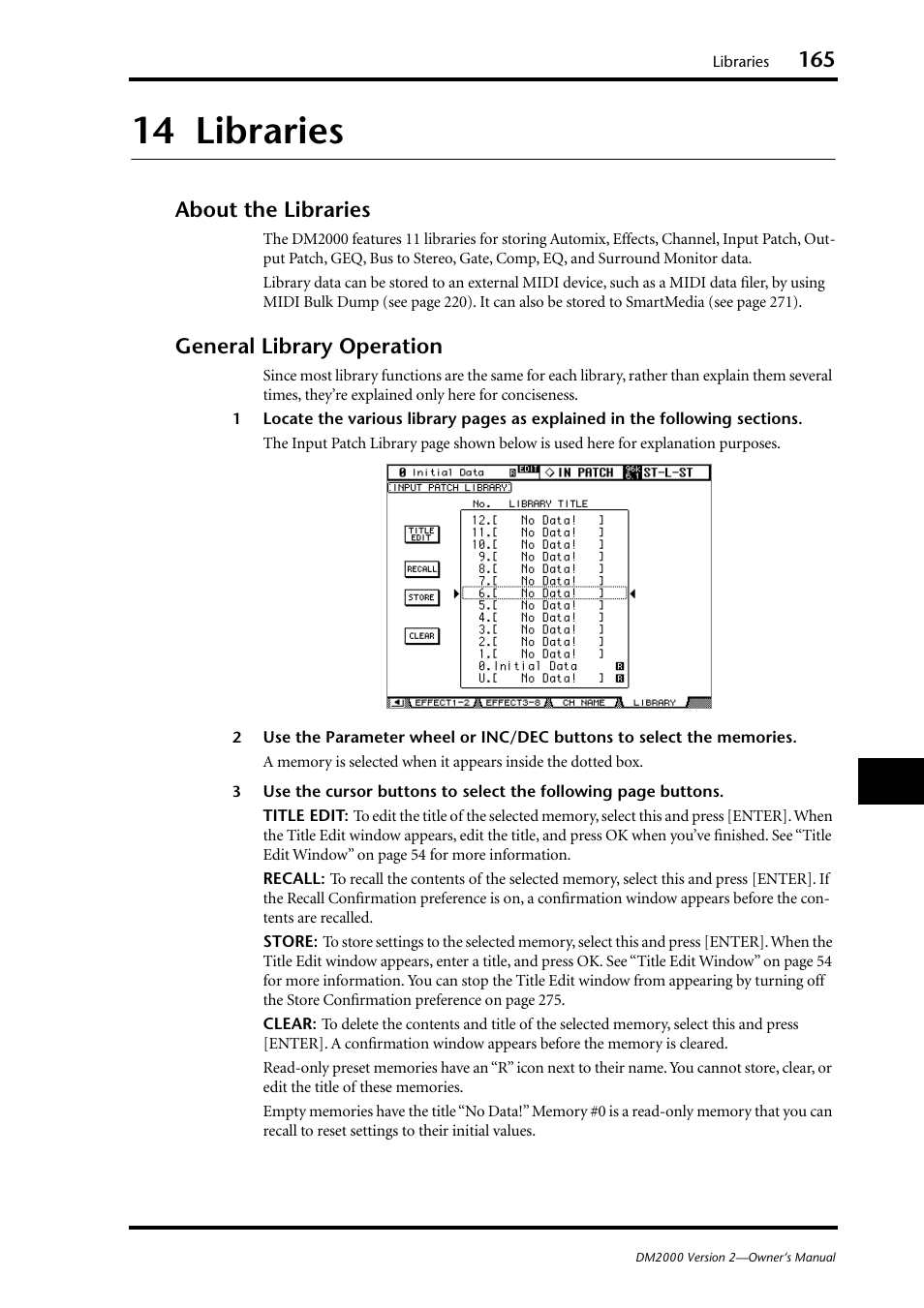 14 libraries, About the libraries, General library operation | About the libraries general library operation | Yamaha DM2000 User Manual | Page 165 / 402