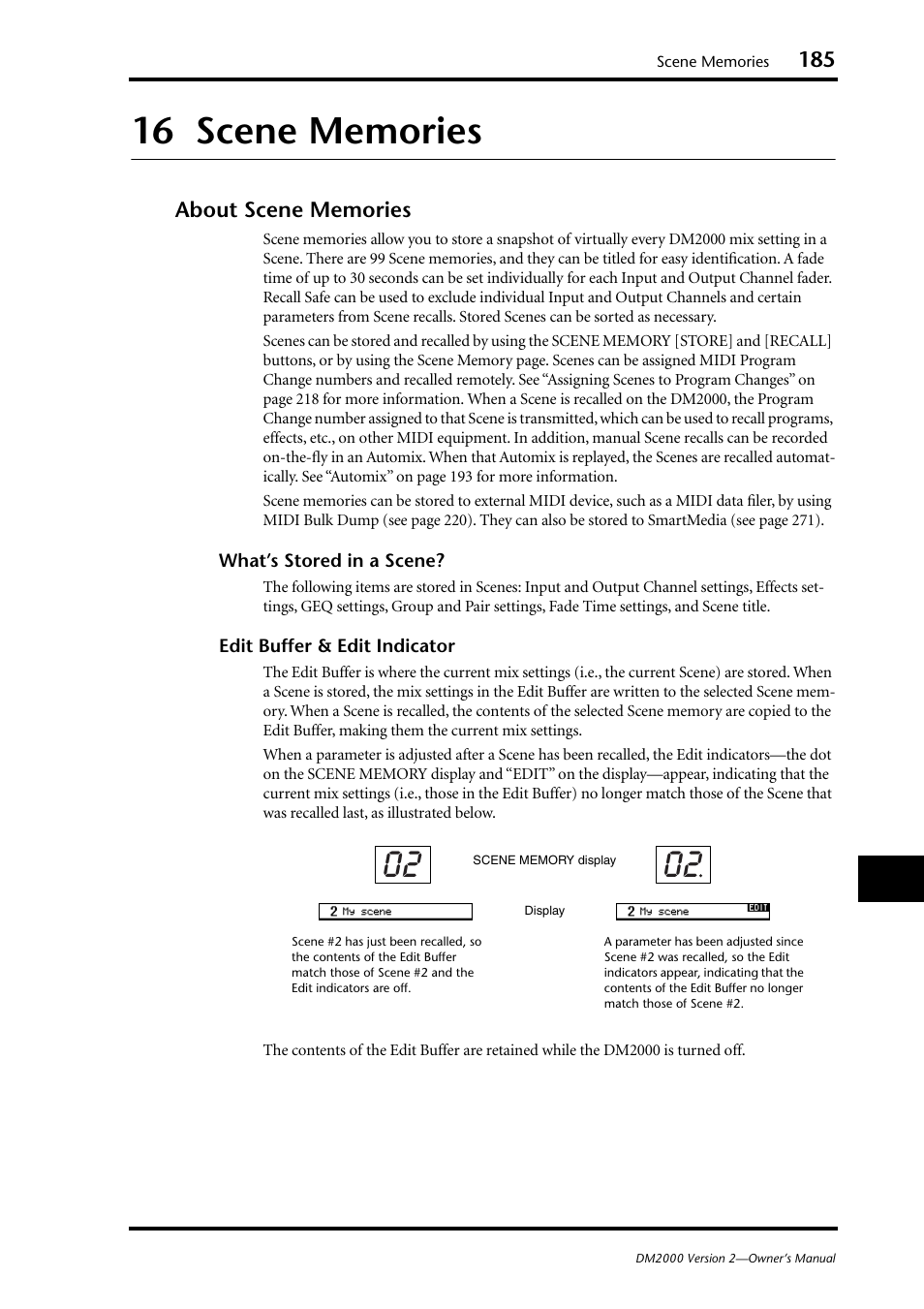 16 scene memories, About scene memories | Yamaha DM2000 User Manual | Page 185 / 402