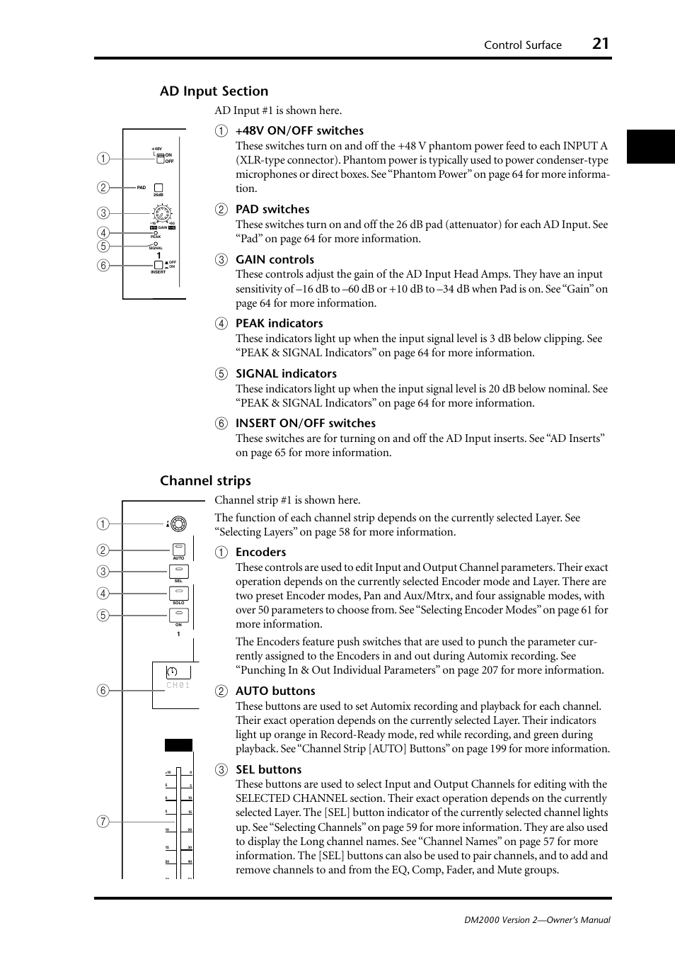 Ad input section (p. 21), Channel strips (p. 21), Channel strips | Control surface, Ad input #1 is shown here | Yamaha DM2000 User Manual | Page 21 / 402