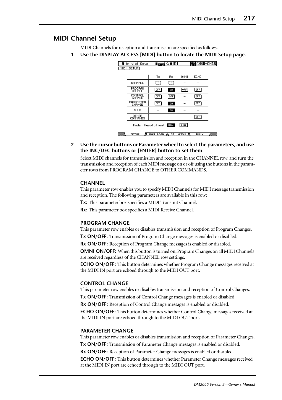Midi channel setup | Yamaha DM2000 User Manual | Page 217 / 402