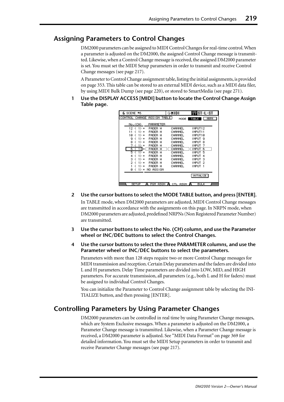 Assigning parameters to control changes, Controlling parameters by using parameter changes | Yamaha DM2000 User Manual | Page 219 / 402
