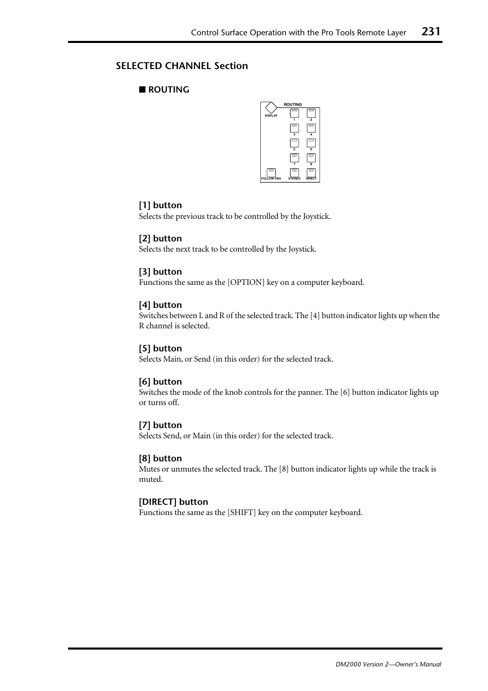 Routing [1] button, 2] button, 3] button | 4] button, 5] button, 6] button, 7] button, 8] button, Direct] button | Yamaha DM2000 User Manual | Page 231 / 402