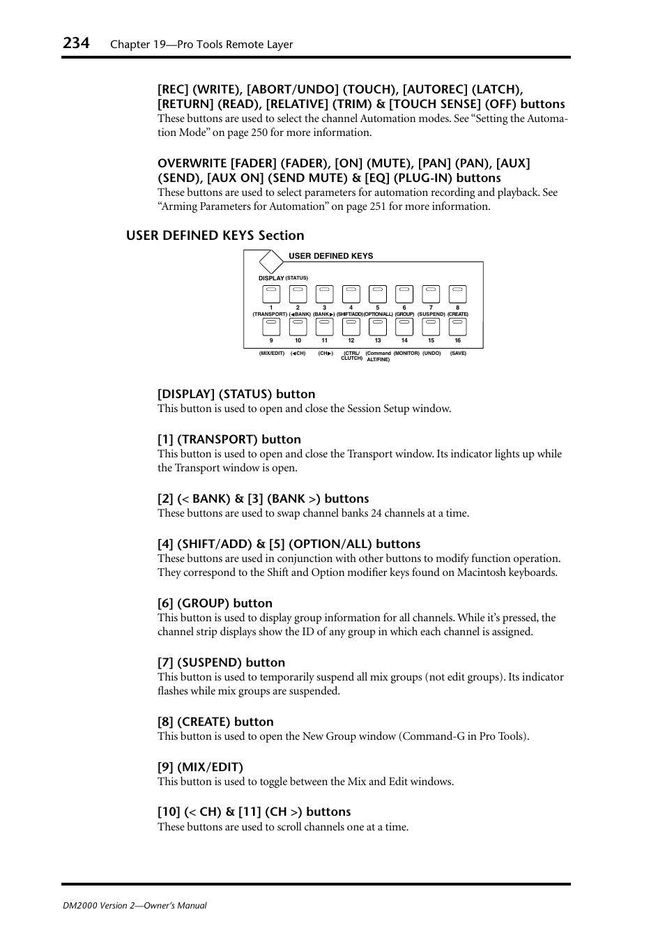 Display] (status) button, 1] (transport) button, 2] (< bank) & [3] (bank >) buttons | 4] (shift/add) & [5] (option/all) buttons, 6] (group) button, 7] (suspend) button, 8] (create) button, 9] (mix/edit), 10] (< ch) & [11] (ch >) buttons, Chapter 19—pro tools remote layer | Yamaha DM2000 User Manual | Page 234 / 402