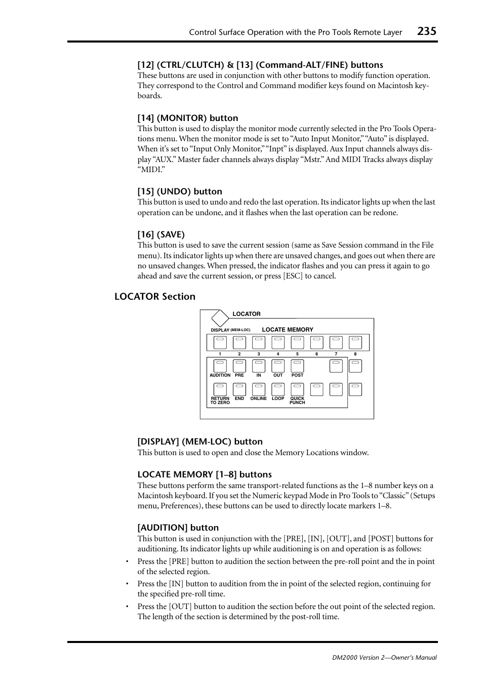 14] (monitor) button, 15] (undo) button, 16] (save) | Display] (mem-loc) button, Audition] button | Yamaha DM2000 User Manual | Page 235 / 402