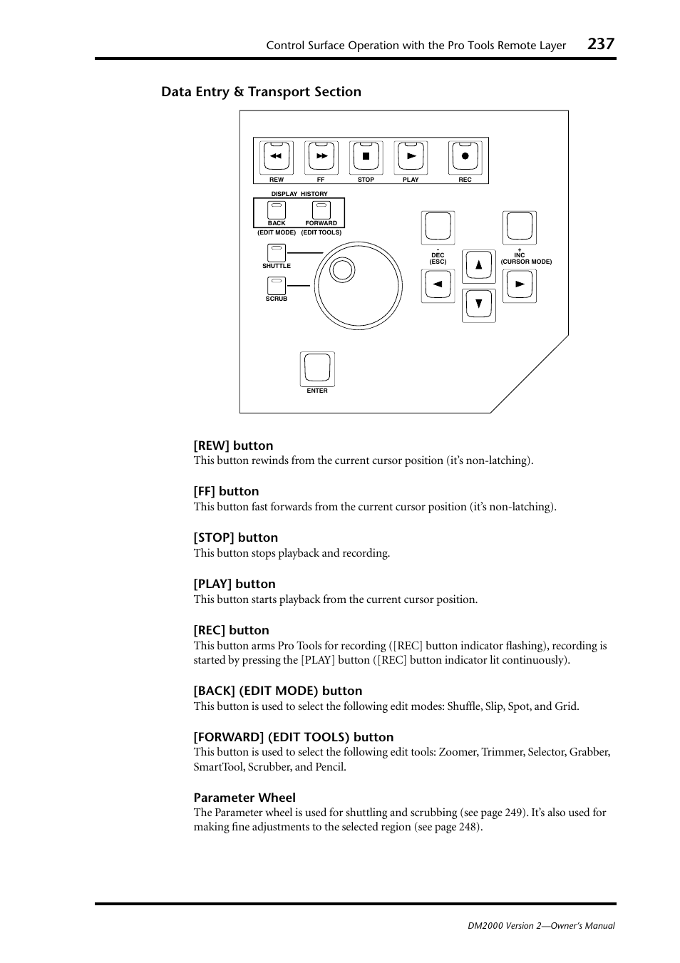 Rew] button, Ff] button, Stop] button | Play] button, Rec] button, Back] (edit mode) button, Forward] (edit tools) button, Parameter wheel | Yamaha DM2000 User Manual | Page 237 / 402
