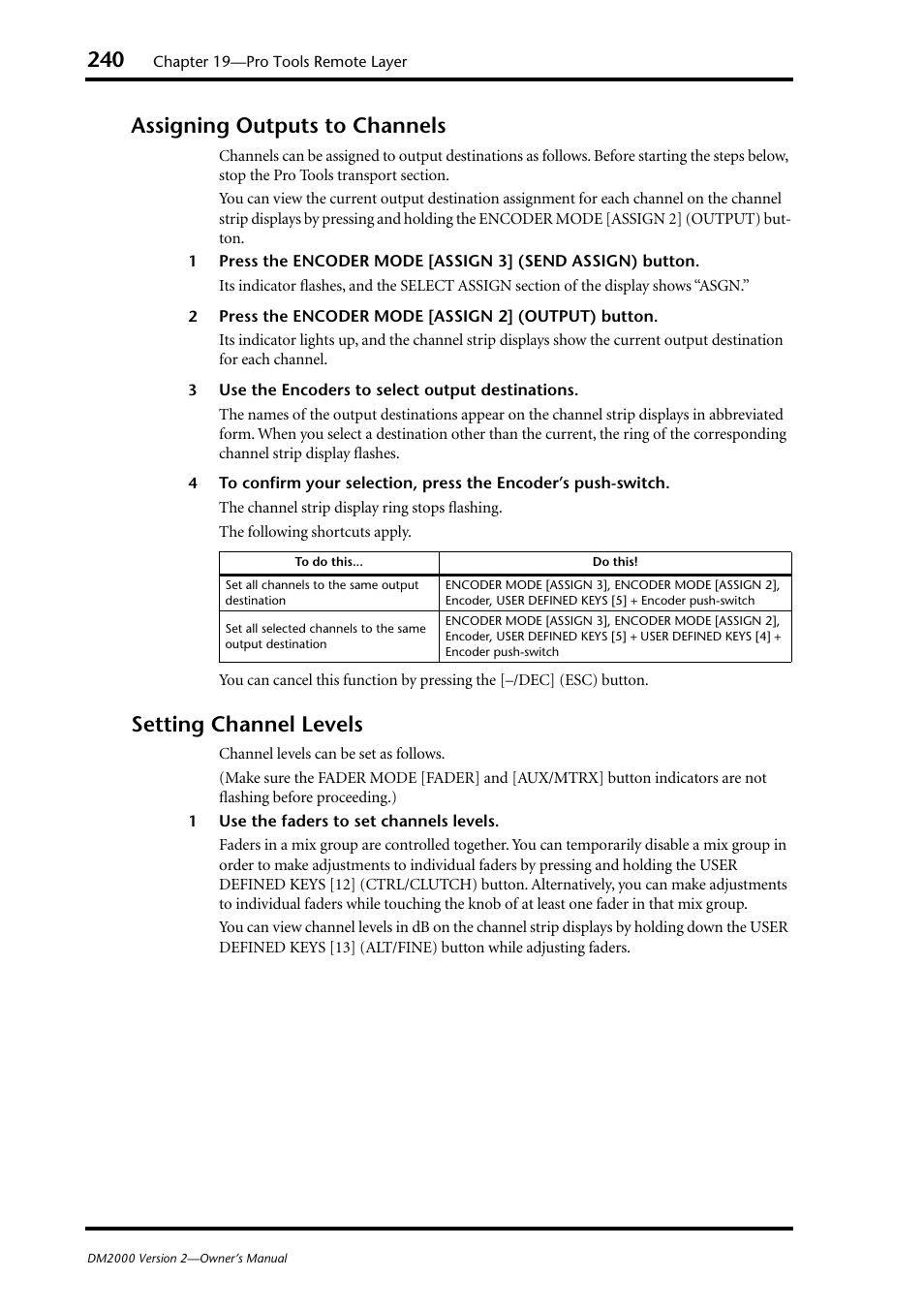 Assigning outputs to channels, Setting channel levels | Yamaha DM2000 User Manual | Page 240 / 402