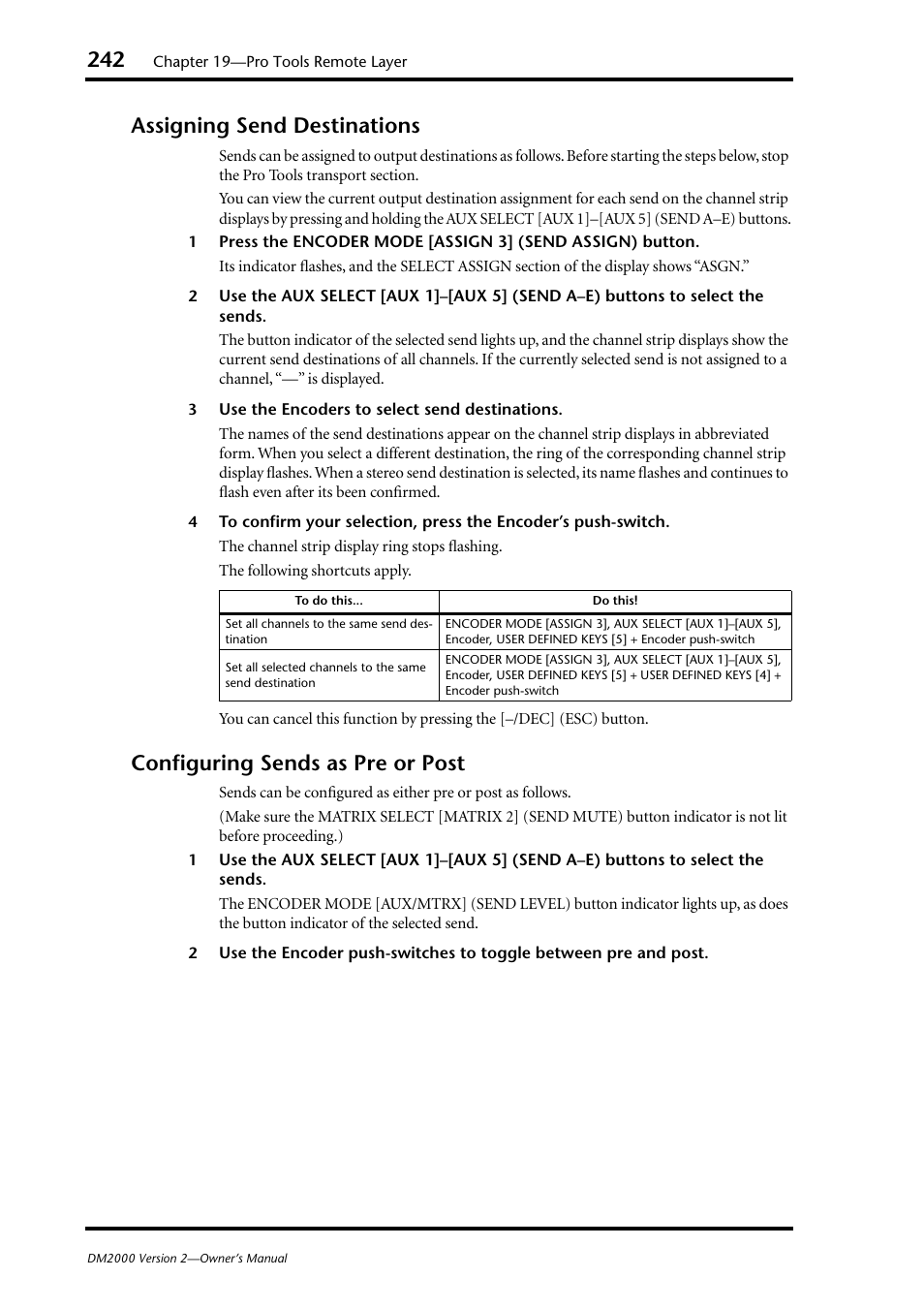 Assigning send destinations, Configuring sends as pre or post | Yamaha DM2000 User Manual | Page 242 / 402