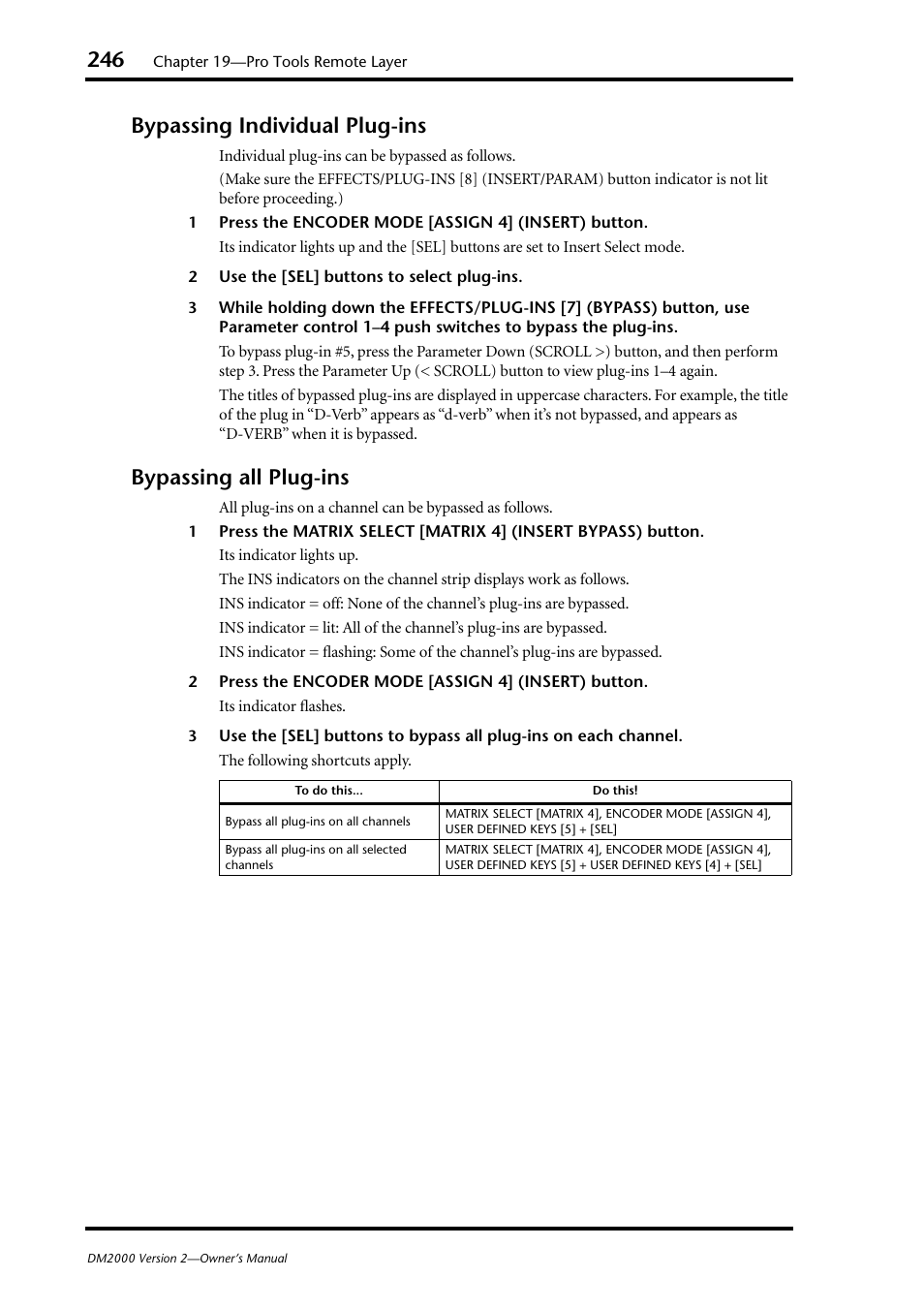 Bypassing individual plugins, Bypassing all plugins, Bypassing individual plug-ins | Bypassing all plug-ins | Yamaha DM2000 User Manual | Page 246 / 402