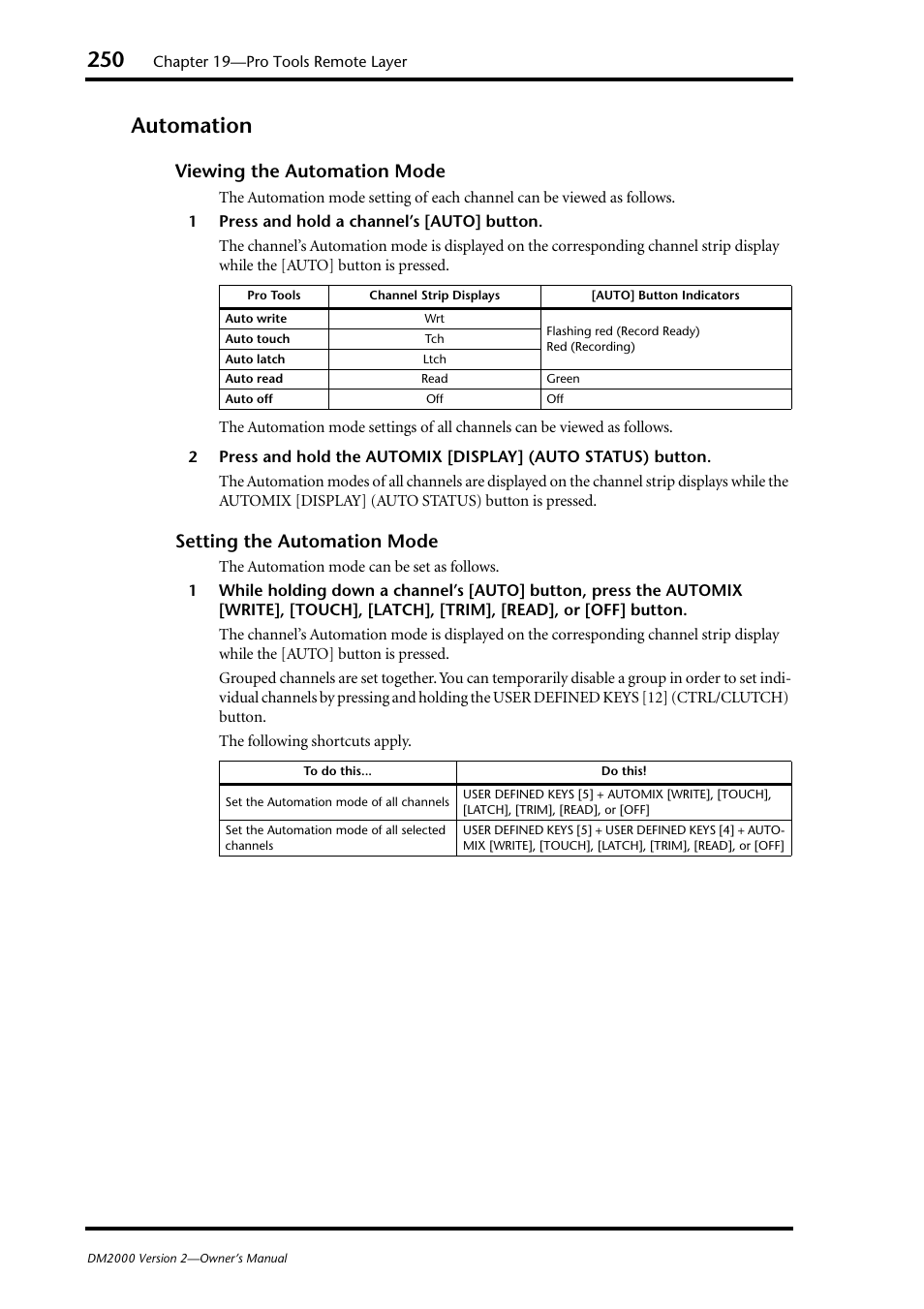 Automation, Viewing the automation mode, Setting the automation mode | Yamaha DM2000 User Manual | Page 250 / 402