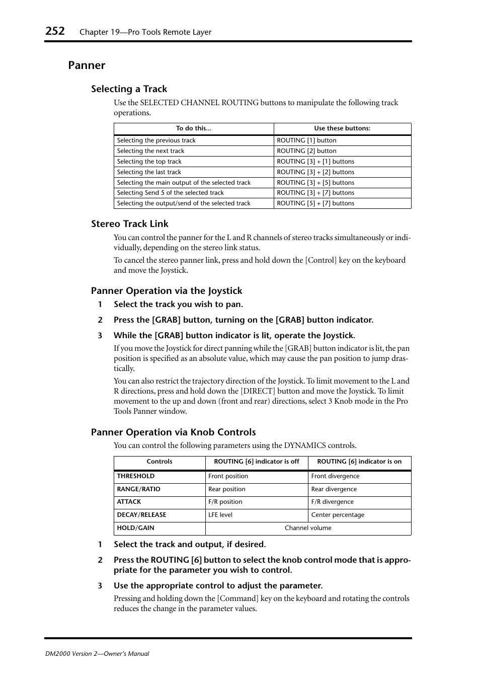 Panner, Selecting a track, Stereo track link | Panner operation via the joystick, Panner operation via knob controls | Yamaha DM2000 User Manual | Page 252 / 402