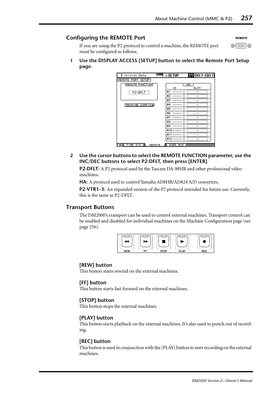 Configuring the remote port, Transport buttons | Yamaha DM2000 User Manual | Page 257 / 402