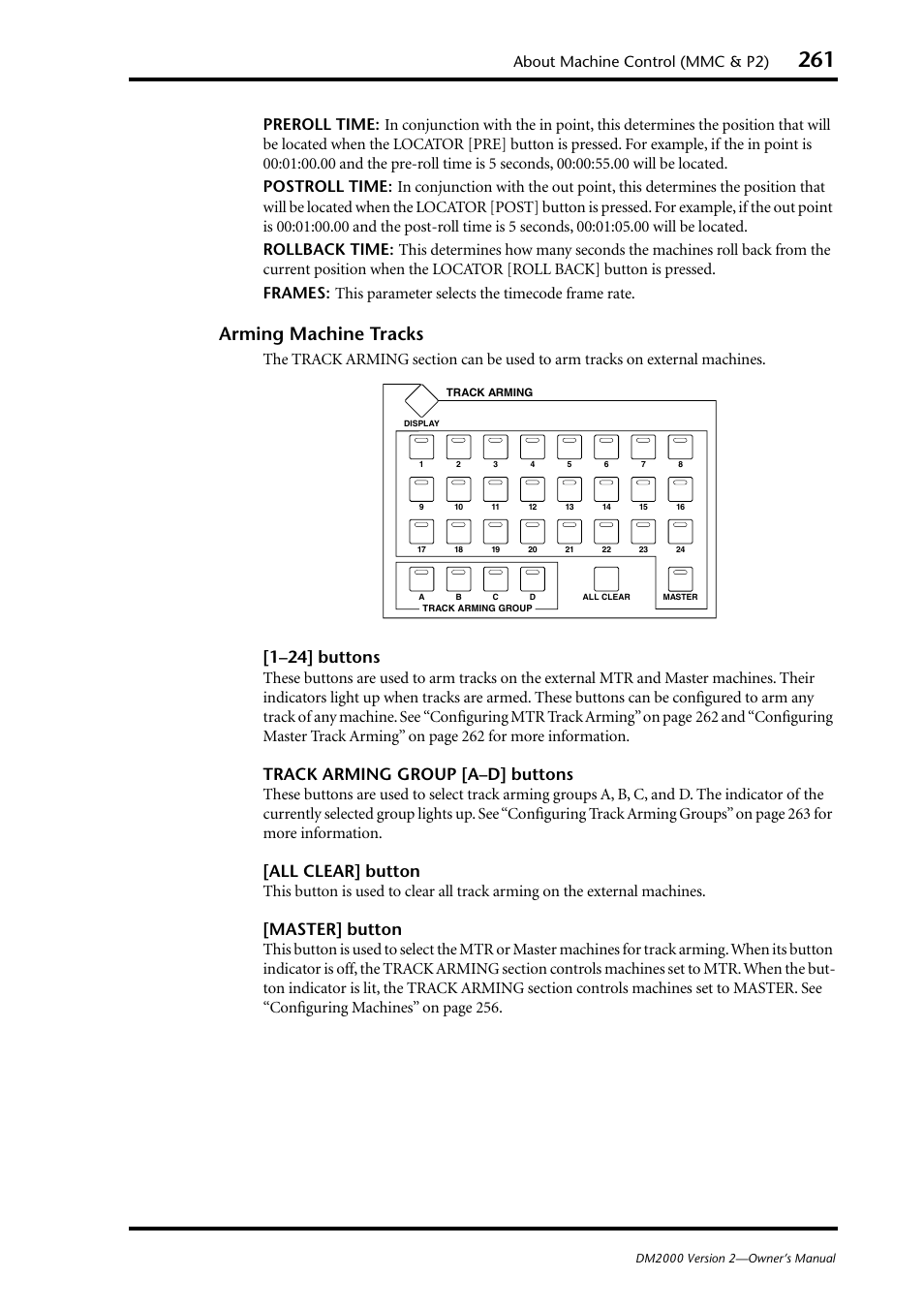 Arming machine tracks, 1–24] buttons, Track arming group [a–d] buttons | All clear] button, Master] button, About machine control (mmc & p2) | Yamaha DM2000 User Manual | Page 261 / 402