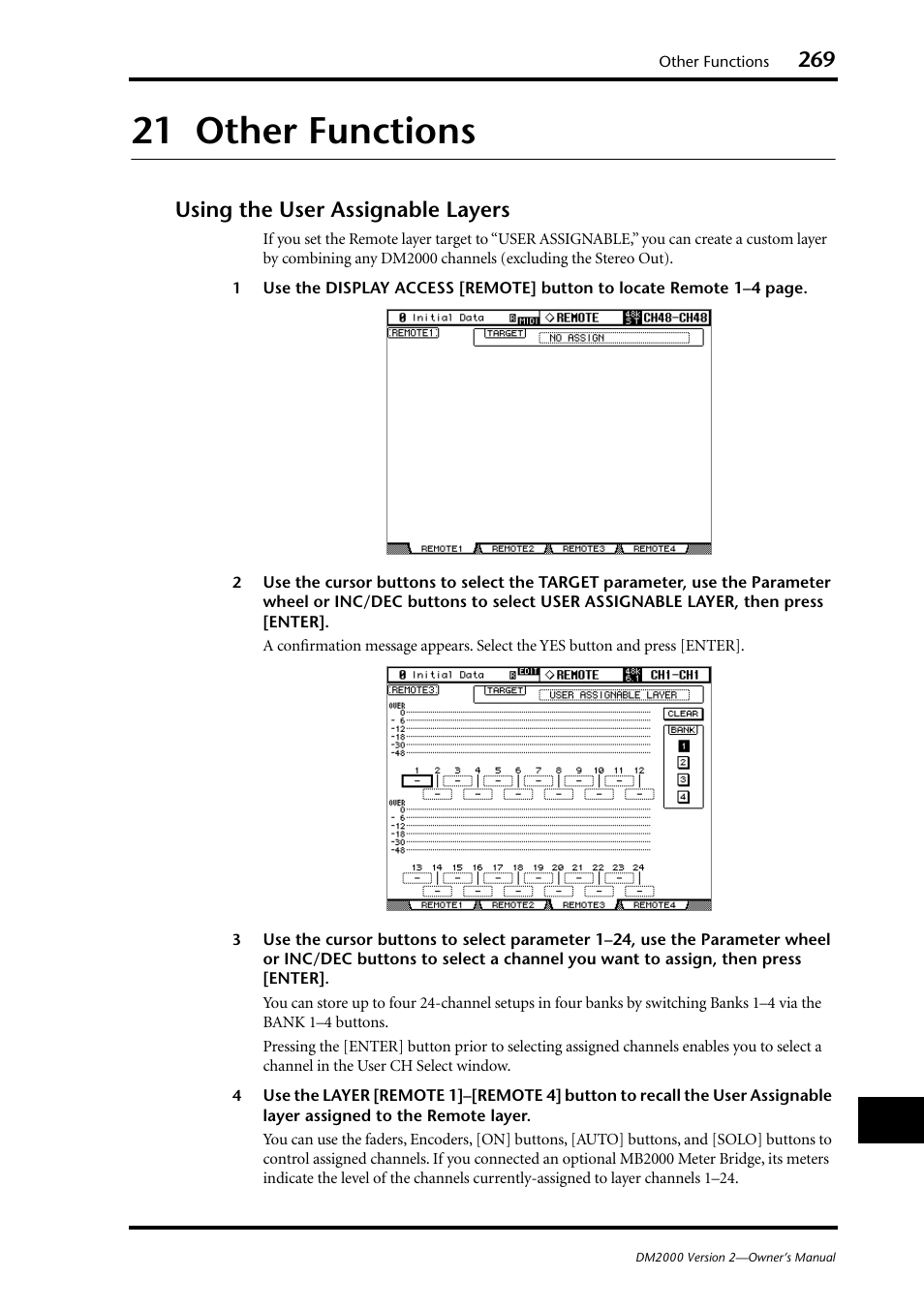 21 other functions, Using the user assignable layers | Yamaha DM2000 User Manual | Page 269 / 402