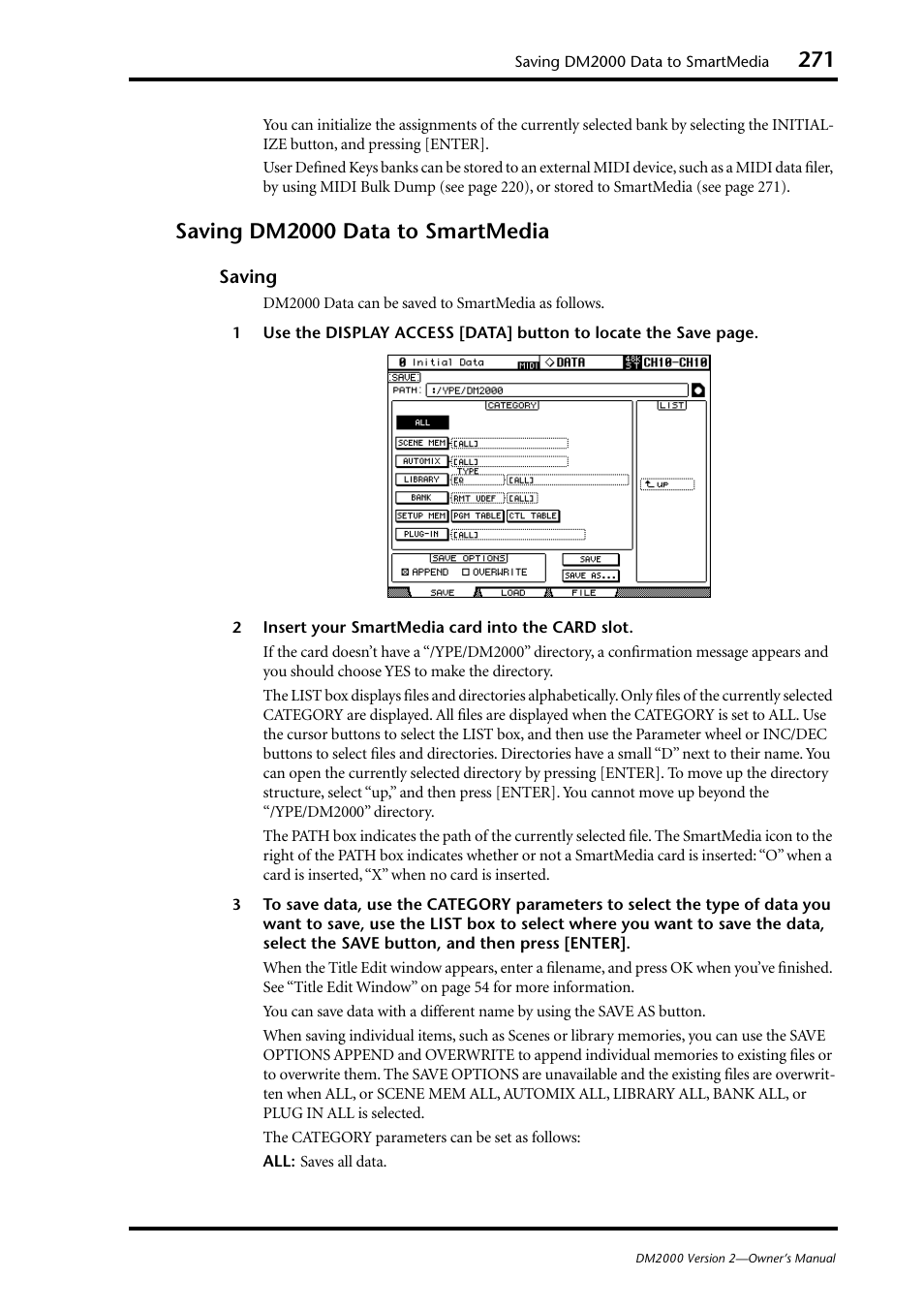 Saving dm2000 data to smartmedia | Yamaha DM2000 User Manual | Page 271 / 402