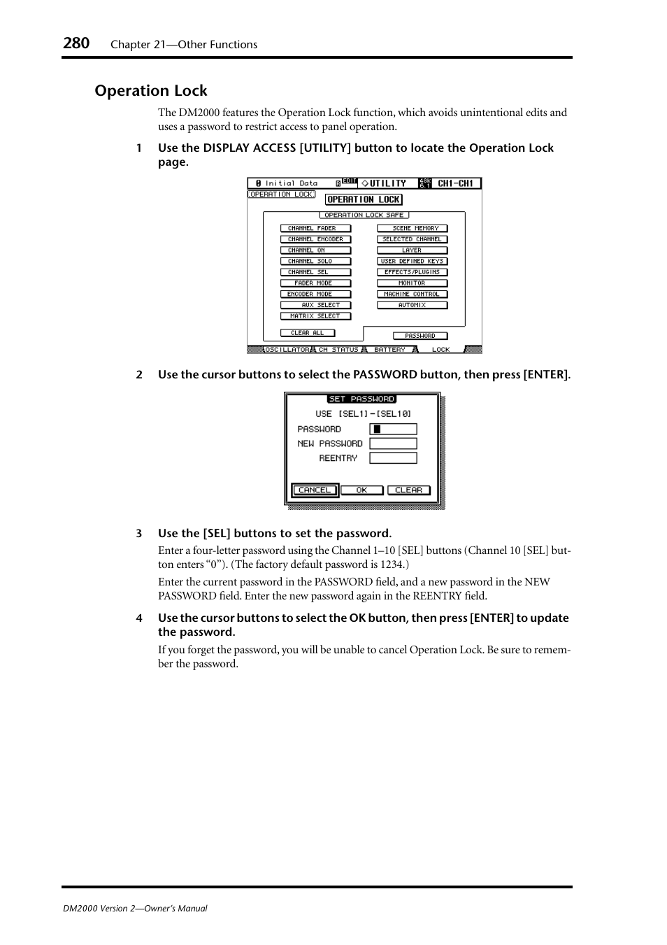 Operation lock | Yamaha DM2000 User Manual | Page 280 / 402