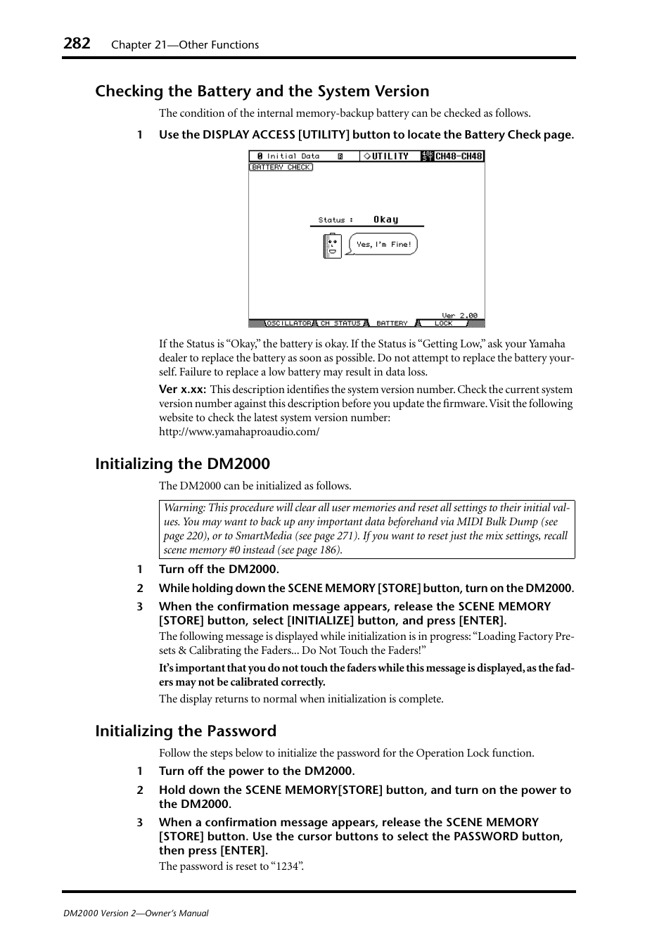 Checking the battery and the system version, Initializing the dm2000, Initializing the password | Yamaha DM2000 User Manual | Page 282 / 402
