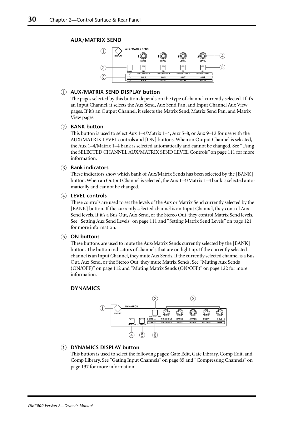 Aux/matrix send, Dynamics, Chapter 2—control surface & rear panel | Yamaha DM2000 User Manual | Page 30 / 402