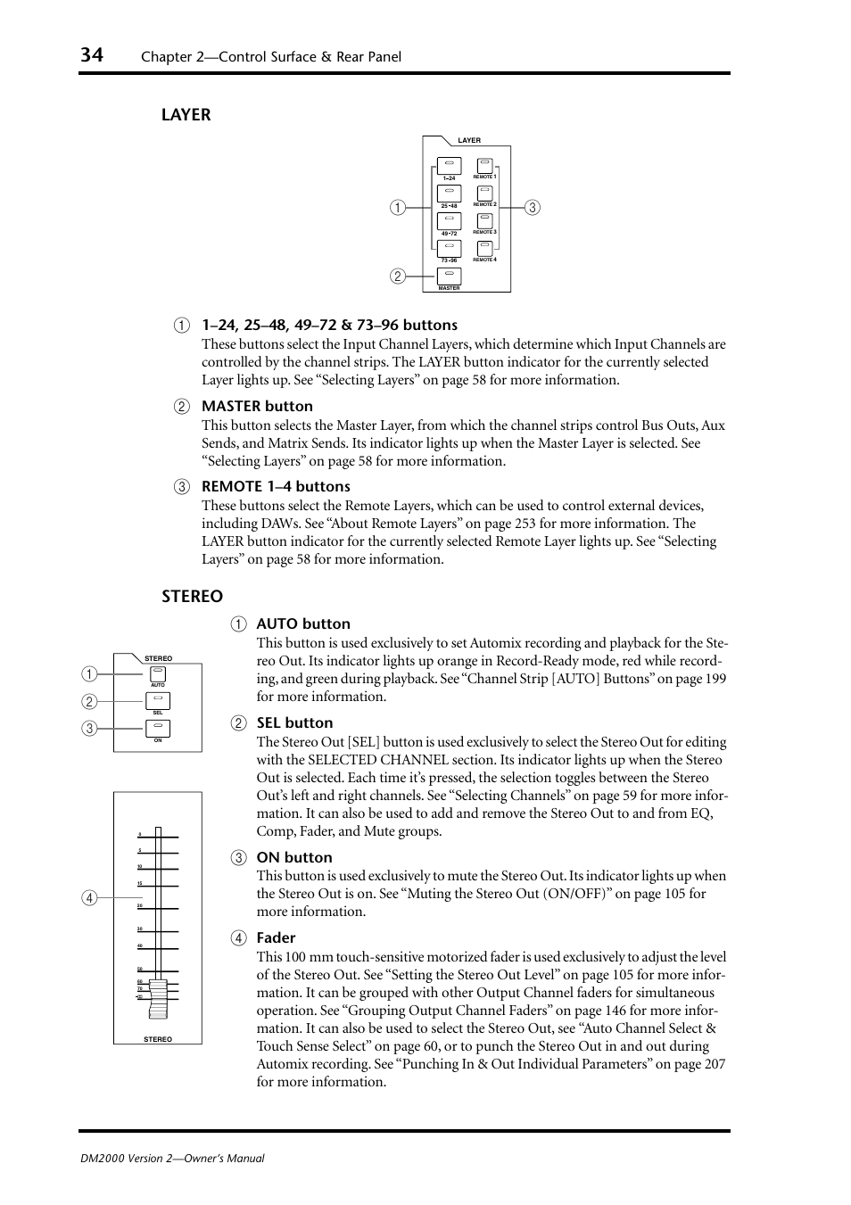Yer (p. 34), Stereo (p. 34), Layer a | Stereo a, Chapter 2—control surface & rear panel | Yamaha DM2000 User Manual | Page 34 / 402