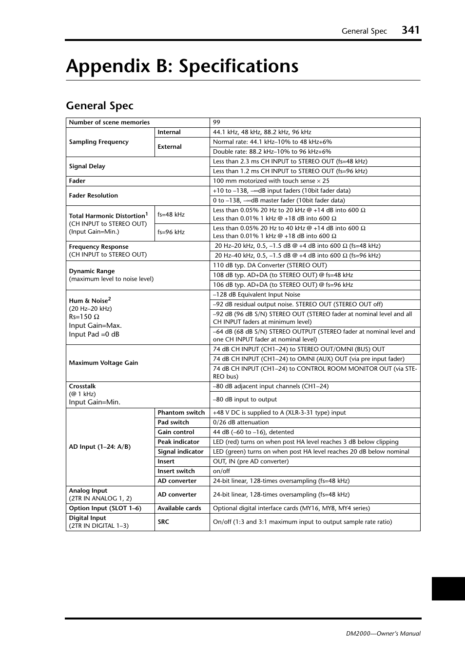 Appendix b: specifications, General spec | Yamaha DM2000 User Manual | Page 341 / 402