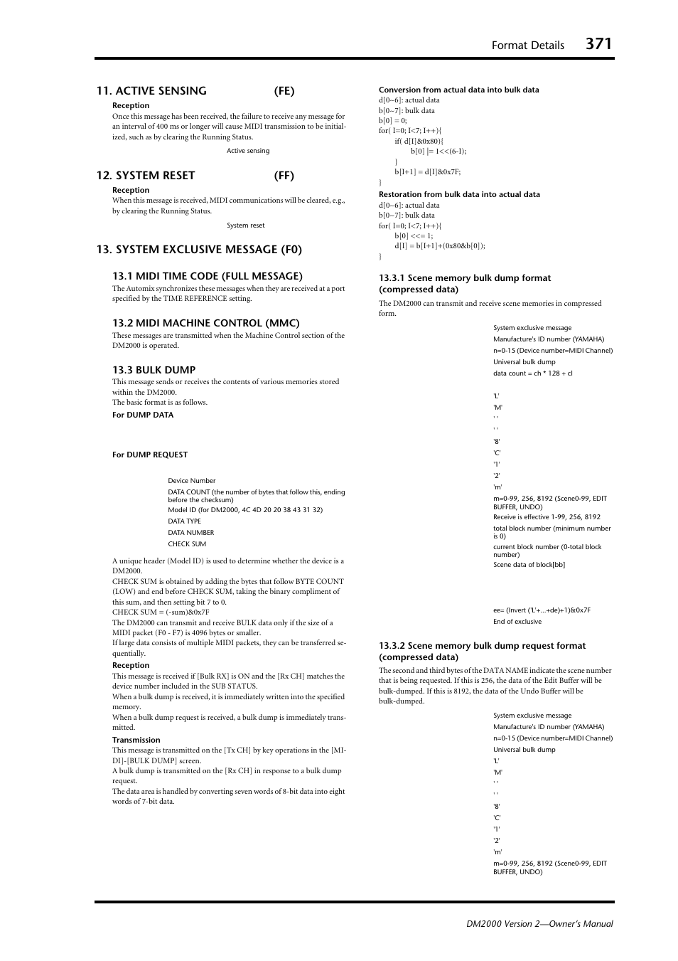 Format details, Active sensing (fe), System reset (ff) | System exclusive message (f0) | Yamaha DM2000 User Manual | Page 371 / 402