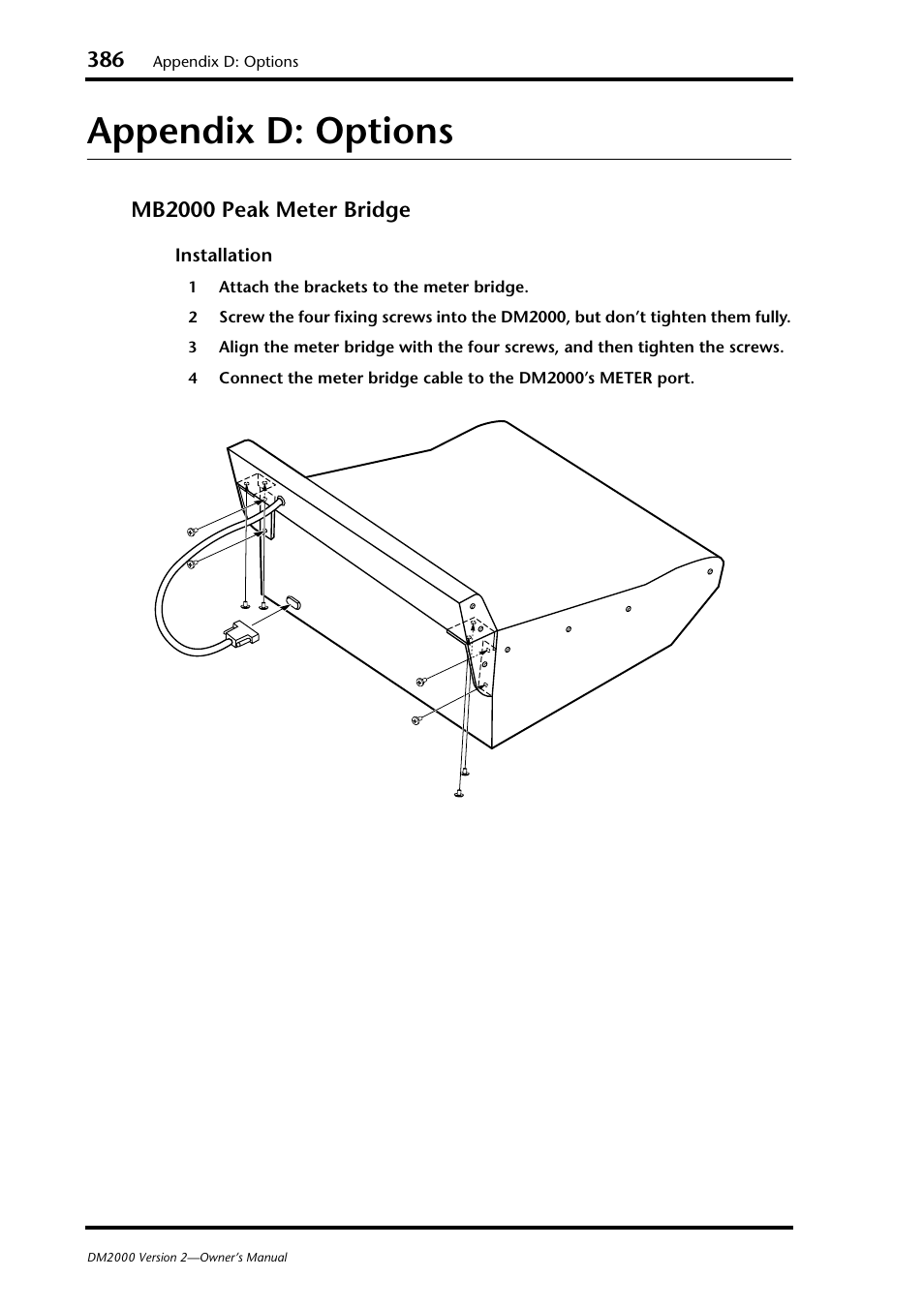 Appendix d: options, Mb2000 peak meter bridge | Yamaha DM2000 User Manual | Page 386 / 402