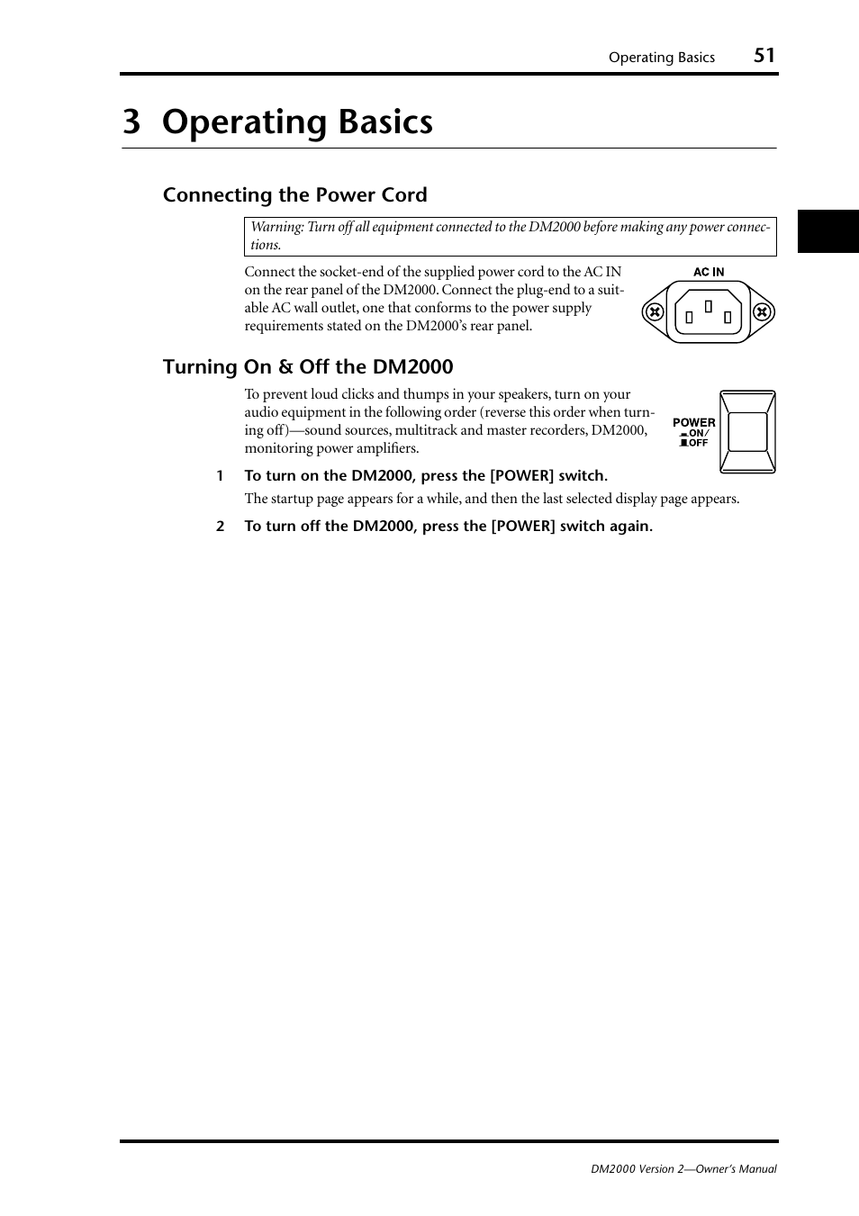 3 operating basics, Connecting the power cord, Turning on & off the dm2000 | Ad the “operating basics” c, Operating basics | Yamaha DM2000 User Manual | Page 51 / 402