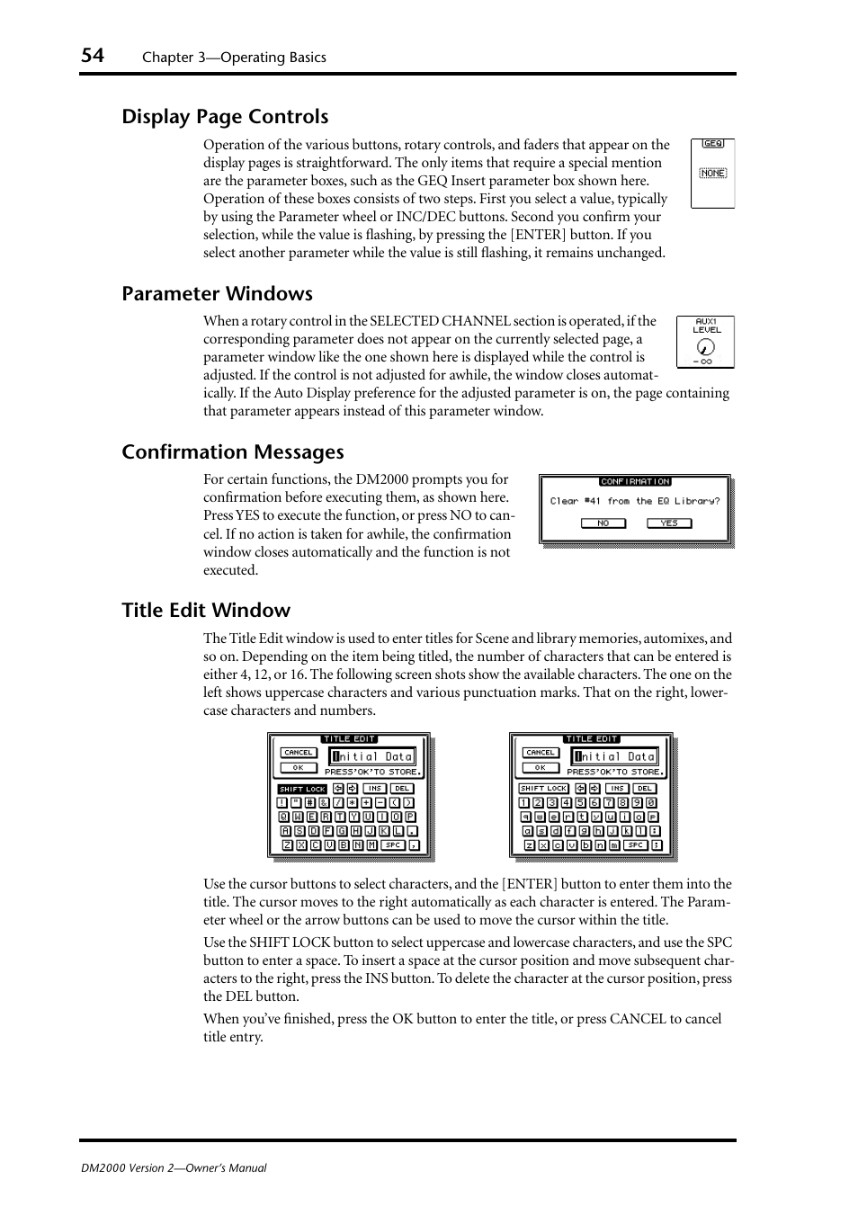 Parameter windows, Confirmation messages, Title edit window | Display page controls | Yamaha DM2000 User Manual | Page 54 / 402