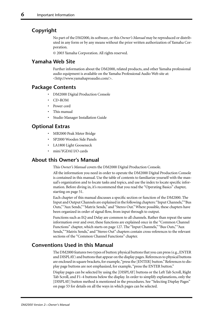 Copyright, Yamaha web site, Package contents | Optional extras, About this owner’s manual, Conventions used in this manual | Yamaha DM2000 User Manual | Page 6 / 402