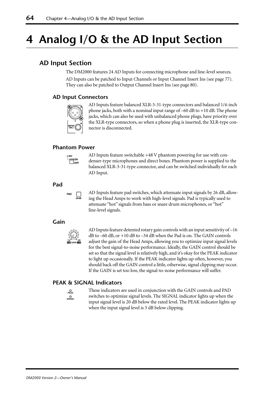 4 analog i/o & the ad input section, Ad input section, Analog i/o & the ad input section | Ad input connectors, Phantom power, Gain, Peak & signal indicators | Yamaha DM2000 User Manual | Page 64 / 402